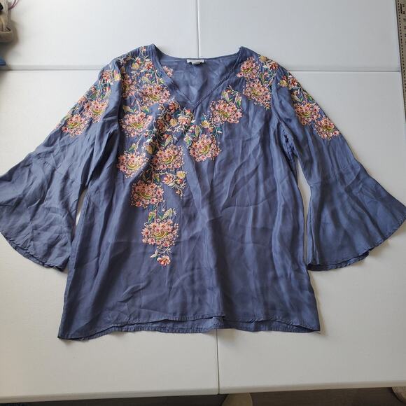 Sundance Tops - Sundance Shirt Womens Medium Blue Embroidered Floral Boho Bell Sleeve Top Art